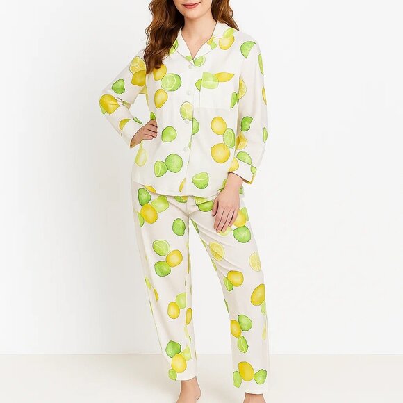 Deadstock Vintage Novelty Citrus Print Matching Pajama Shirt & Long Pants PJ Set - Picture 1 of 9